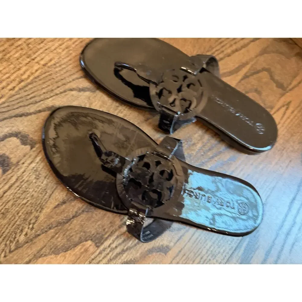 Tory Burch Miller Thong Sandal Women's Sz 7.5 Black patent Leather